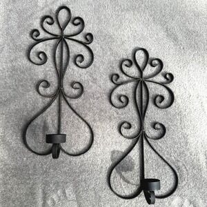 Pair of Vintage Goth Black metal Wall Candle Sconces Scroll Design 16" Boho Vibe